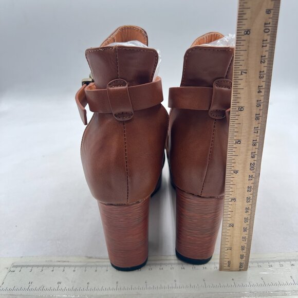 YDN Brown Retro Platform Cross Strap Buckles Ankle Boot Closed Toe Mid Heel Boot - Picture 4 of 7